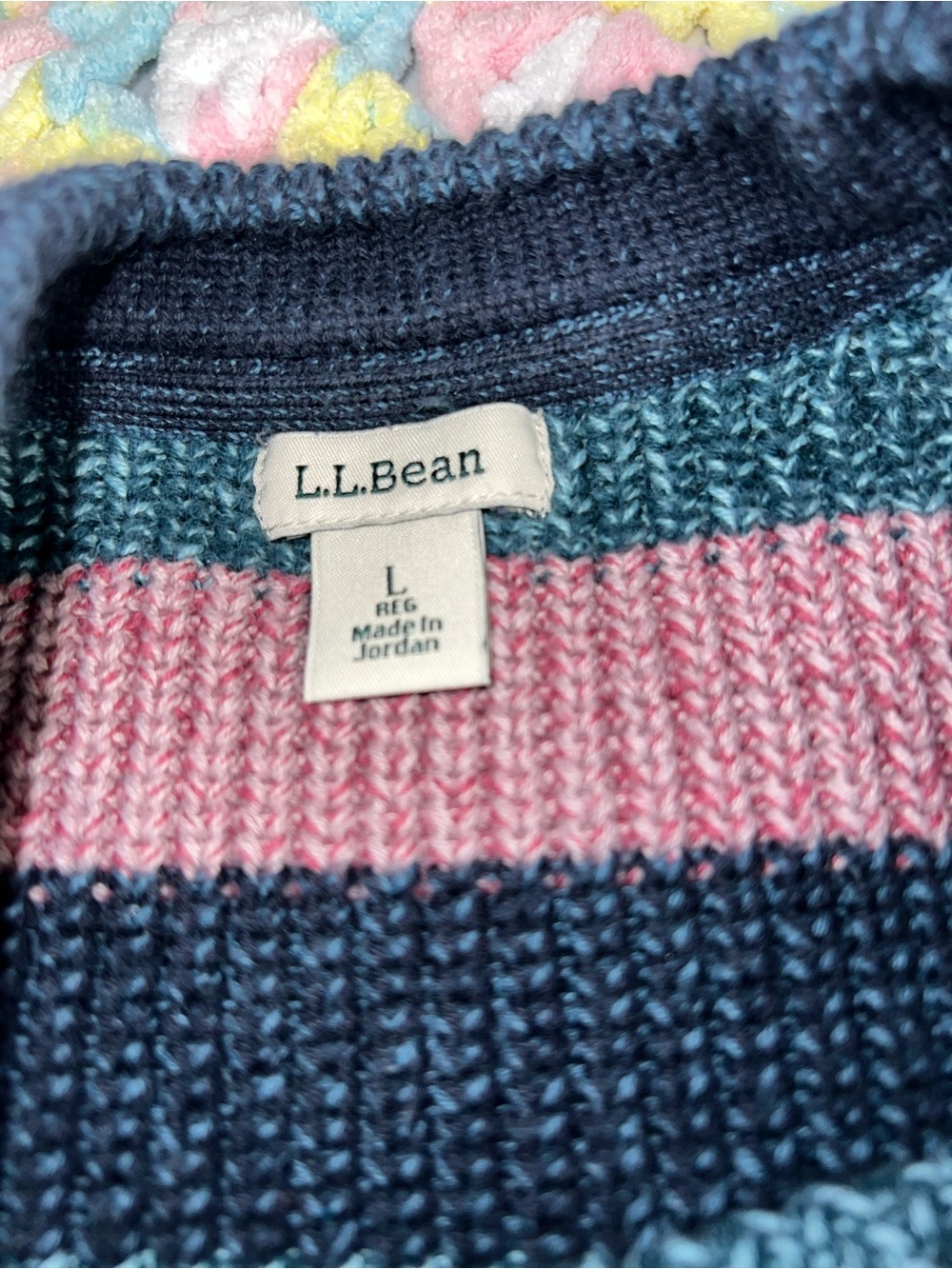 L.L. Bean Womens L Pullover Crewneck Sweater Pink Navy Teal Striped Cotton Knit - Picture 3 of 7